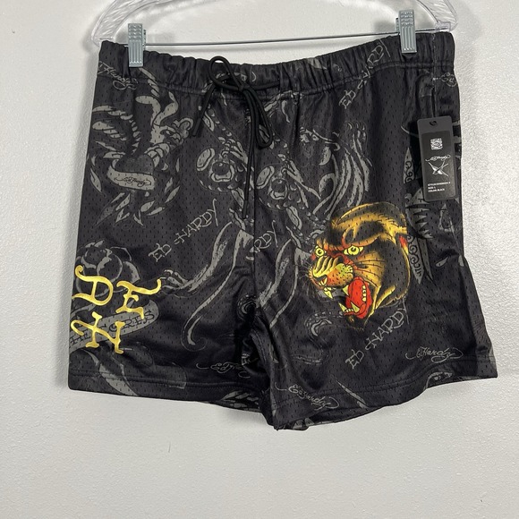 Ed Hardy Graphic Print Mesh Shorts Black Drawstring Lounge Casual - Picture 1 of 10
